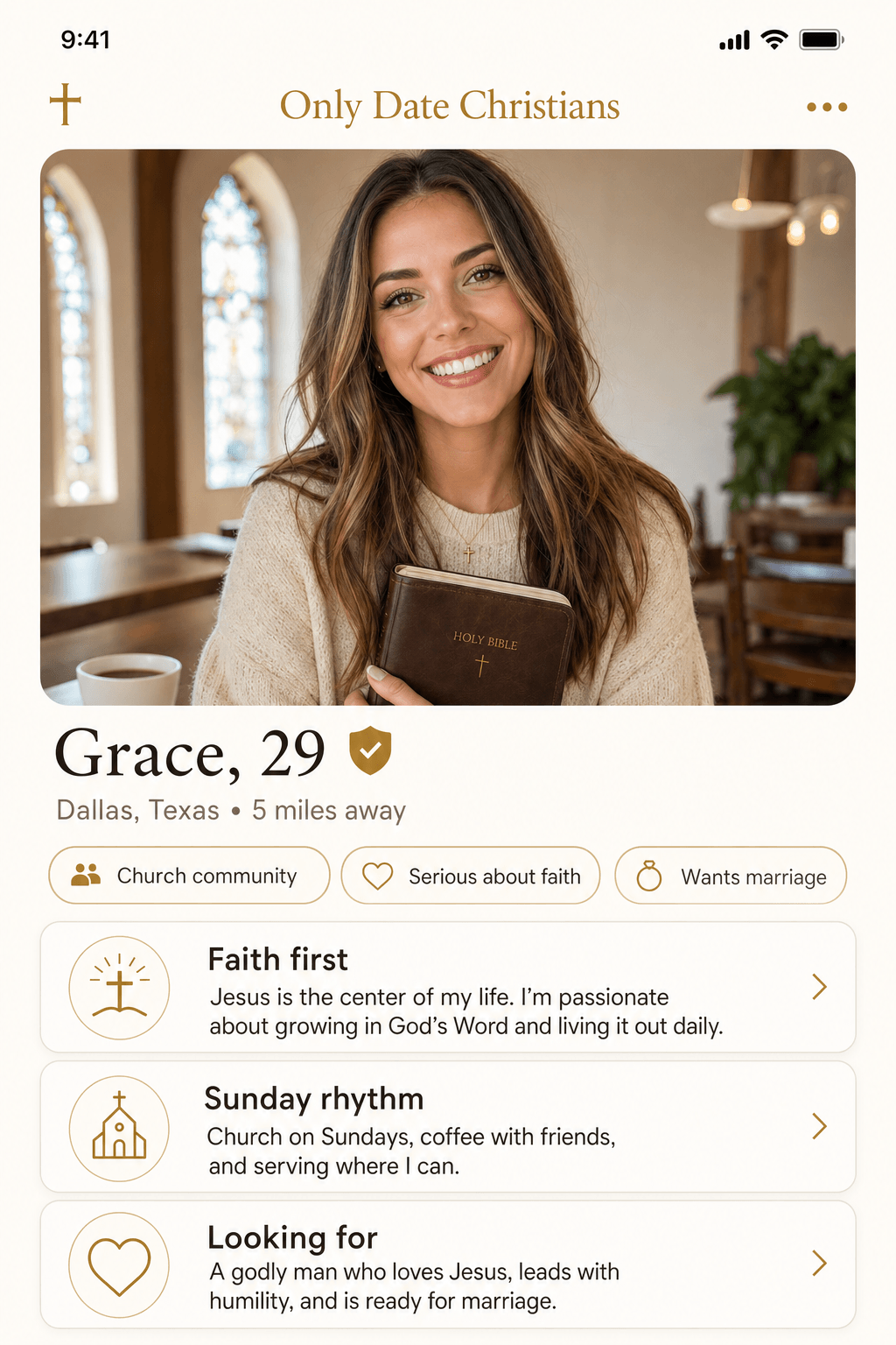 Only Date Christians app profile screen for a faith-first profile