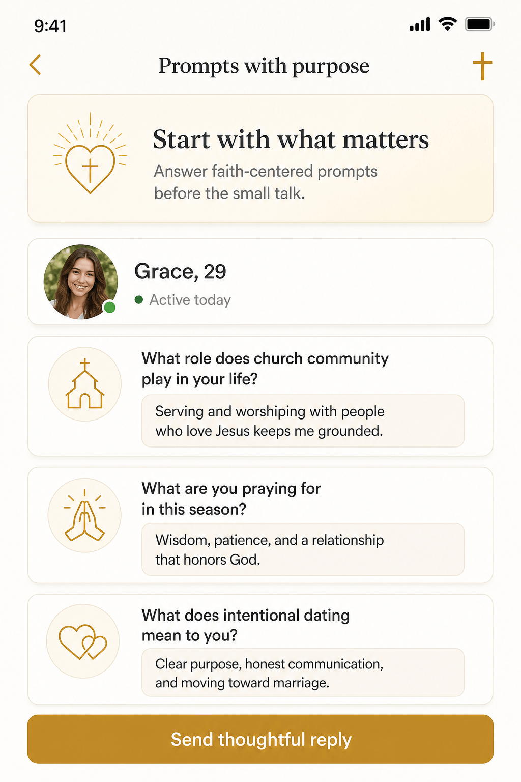 Only Date Christians app screen with faith-filled prompts and intentional conversation